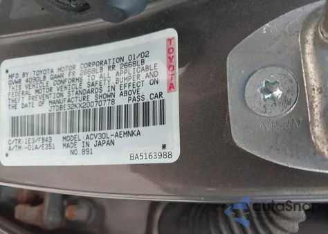 2002 Toyota Camry Le из США, поврежденный, VIN JTDBE32KX20070778